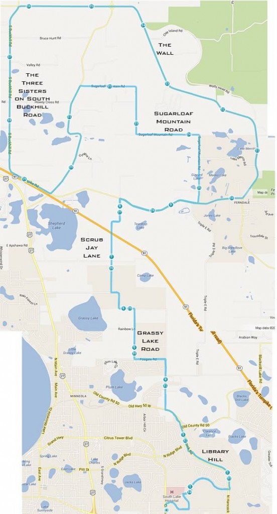 35 mile loop in Clermont with named climbs.